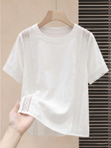 Lace Hollow Out White Round Neck Short Sleeve Slimming Loose T Shirt