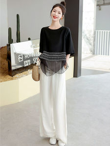 Slimming Micro-Fat Summer Outfit Set Womens Tencel Top Linen Pants Two-Piece Set Age-Defying Body Concealing Fashionable