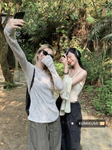 Áo Thun Dài Tay Mỏng Màu Xám Dệt Kim Chống Nắng Cho Nữ Mùa Thu Rộng Rãi Áo Thun Mỏng Áo Lạnh Áo Sơ Mi Dài Tay Thường Ngày Thoáng Khí