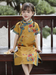 New Chinese Style Midi Qipao Dress for Girls Summer Vintage Court Outfit Childrens Clothing Flower Girl Traditional Ethnic Dress