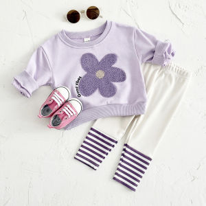 2Pcs set 0-3Y Outfit Set Toddler Girls Clothes Set Fashion Flower Sweatshirt Tops +Purple Stripe Pants Spring Fall Baby Clothes