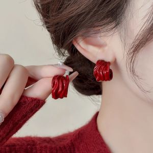Elegant Wine Red Ruched Stud Earrings Womens Sterling Silver Special-Interest Design Earrings for New Year 2024 New Arrival Best Selling Vintage Earrings