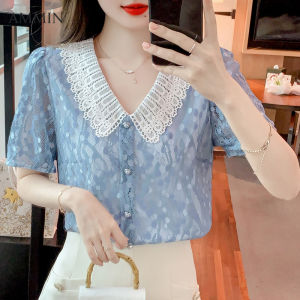 เสื้อเบลาส์รูปลูกกีฬาลูกไม้สั้นประหยัดเพื่อผู้หญิง คอปกกลวงลายดอกไม้ปักแฟชั่นแนวหวานๆ ทำให้เสื้อเบลาส์ดูถูกเรียนรู้และได้รับการรักษาที่ดี