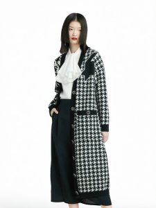 V-neck Plaid Color-block Long Cardigan