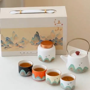New Chinese Style "A Thousand Miles of Rivers and Mountains" Ceramic Kung Fu Tea Set Hand-painted Teapot and Teacups Suitable for Home Office and Business Gifts Gift Box Packa