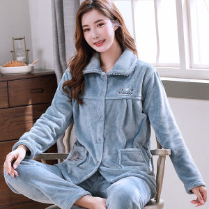 Bộ Đồ Ngủ Bằng Vải Nỉ San Hô Dày Mùa Thu Đông Cho Nữ Bộ Đồ Ngủ Cotton Dài Tay Cổ Bẻ Có Khóa Kéo Thường Ngày Dễ Thương