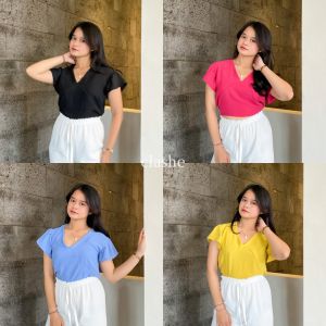 Baju Crop Wanita Atasan Lengan Pendek Crinkle Airflow Anti Lecek Korean Style Kekinian Terbaru Ootd Unna Top by Clashe