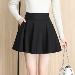 Fall 2024 High Waist A-Line Mini Skirt Puffy Black Pleated Gored Skirts Womens Simple Style Polyester Nylon Elastic Fiber