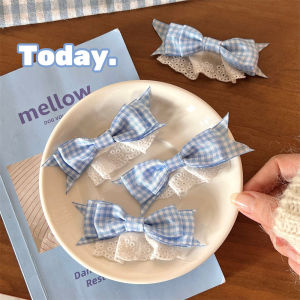 New Blue Color Plaid Bows Hair Clips Hair Accessories Lace Trim Headdress Young Adult Heart Bangs Duckbill Clip Cute Hairpin