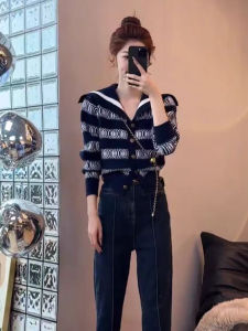 Nautical Neck Striped Sweater Womens Casual Long Sleeve Knitted Cardigan Fashionable Versatile Autumn New Arrival Commute Style