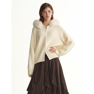 DUSHU | Removable Fur Collar Hooded Knit Cardigan Womens Plus Size