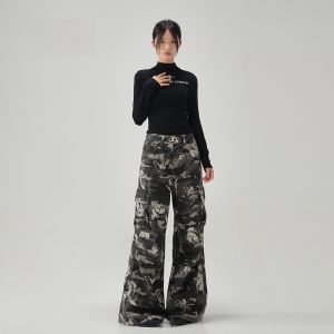 Left Qi Han American Retro Washed Camouflage Work Pants Loose Straight Leg Multi Pocket Wide Leg Casual Paratrooper Pants