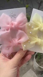 Set 2 kẹp nơ bé vải voan lưới phối hạt màu pastel cặp tóc bé gái dễ thương PK262