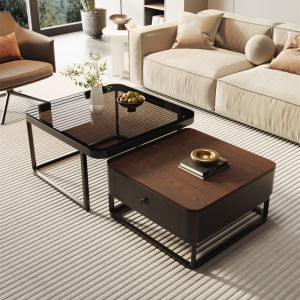 Minimalist Wabi Sabi Style Solid Wood Square Coffee Table Set Luxury Pure Black Rock Board Living Room Home Use Small Apartment