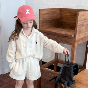 New 2025 Childrens Set Korean Style Rayon Lyocell Sunscreen Shirt Shorts Two-Piece Set Girls Cotton Linen Anti-Uv Outfit