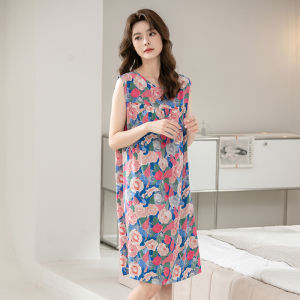 Summer New Loose Cotton Silk Vest Young Mom Nightgown Short Sleeve Plant Floral Print Home Leisure Wear round Neck Sleep Dress