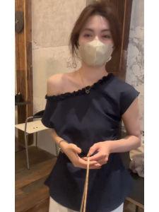 YUEZHONGWEI | French Style Irregular Wooden Edge Short Sleeve Womens Shirt Summer Design Slim Fit Shoulder Baring Top Korean Version Commute Style