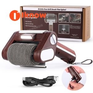 2025 Stainless Steel 304 Roller Grill Brush with LED Light - Bristle-Free Food-Grade Cleaning Tool for BBQ Grills