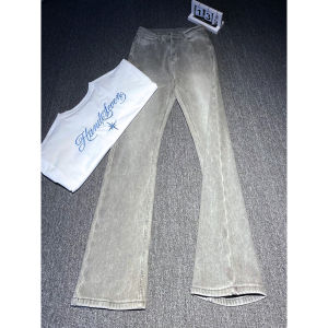Quần Jeans Ống Rộng Thon Màu Xám Khói Cao Waist
