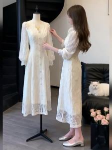 CHANGTONG | French Elegant V-Neck Lace Long Sleeve Dress