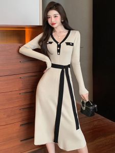 Elegant Knitted Long Dress Womens High Waist A-Line Skirt V-Neck Winter Fashion Retro Style Luxury Minimalist Streetwear