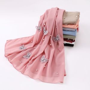 Jifang Ngọc Trai Trắng bướm ba chiều đồng bằng Chiffon cát Pashmina Khăn Choàng Khăn Choàng đầu khăn trùm đầu hijab hồi giáo wc05