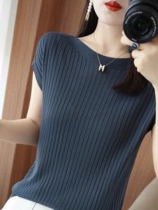 Thin Ice Silk Short Sleeve Knitting T-shirt Womens Loose off Shoulder Vest Summer New Arrival Pullover All-Matching Bottoming Shirt