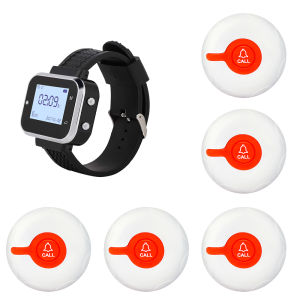 CATEL Good Quality Wireless Calling System 2 Waterproof Call Buttons 1 Functional Watch Receiver in Vibration for Elderly Hotel Cafe Bar Salon Clinic Hospital Nursing House in Longer Working Distance