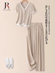 Elegant V-Neck Sportswear Set for Women Summer 2025 Fashion Casual Two-Piece Ensemble Age-Defying Design Polyester Blend