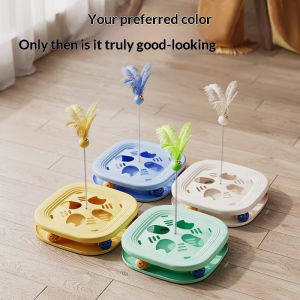 3-in-1 Interactive Cat Toy Multi-Functional Cat Turntable with Feather Wand Bell Balls & Silicone Non-Slip Base for Indoor Cats
