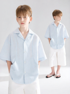 MUCMUKN | Casual Sea Breeze Cuban Collar Embroidered Short Sleeve Shirt for Boys Lightweight Textured Cotton