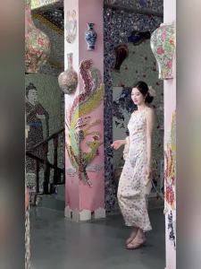 New Chinese Style Bamboo Texture Printed Cheongsam Dress