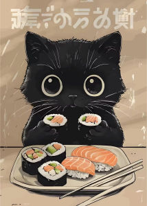Kayou | 5D DIY Diamond Painting Kit Black Cat Ramen Sushi Japanese Art Full Drill Rhinestone Mosaic Wall Decor Gift for Adults
