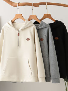 เสื้อสเวตเตอร์คอกลมแขนยาวทรงหลวมสไตล์เกาหลีสำหรับผู้หญิงไซส์ใหญ่ ฤดูใบไม้ร่วง/ฤดูหนาว 2025 ใหม่ พร้อมซิปบาง ป้ายเล็ก แฟชั่น