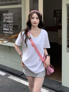 Loose Fit Womens Short Sleeve T-Shirt V-Neck Base Layer Top Pure Color Summer Cool Sensation Versatile Casual Cotton Blend