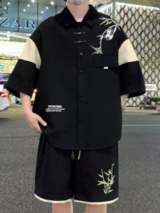 New Chinese Style Ice Silk Short Sleeve Mens Shirt Casual Summer High End Feeling Large Size Set Loose Fit Youth Trend Daily Wear