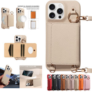 For IPhone16 15 Pro Max 14 13 12 Series PU Leather Magsafe Magnetic Wireless Charging Shockproof Crossbody Wallet Phone Case