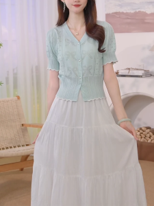 Shalldoer | Áo len cardigan hở cổ chữ V tay ngắn thêu hoa kiểu Pháp ngọt ngào cho nữ mùa hè mới màu trơn thường ngày khoét rỗng Áo sơ mi