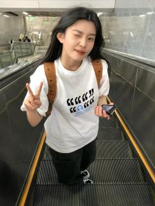 2024 ฤดูร้อนใหม่Heavy Dutyผ้าฝ้ายสีขาวเสื้อยืดแขนสั้นผู้หญิงหลวมFitสไตล์อเมริกันพิมพ์เสื้อผ้าทํางาน