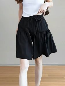 High Waist A-Line Elastic Ice Silk Pleated Hemp Five-Quarter Length Womens Summer 2024 New Style Slimming Wide Leg Shorts