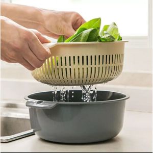 Rổ Rửa Rau Củ Trái Cây Kiêm Chậu Hai Lớp - Rổ Để Thực Phẩm Ăn Lẩu Khô Ráo Có Lỗ Treo