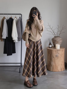XUECAIQI | Soft Outwear Knit Sweater High Waist Plaid Skirt Two-piece Set