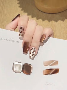 Autumn New Arrival High-End White Amber Leopard Print Cat Eye Nail Art Full Set Removeable Handmade Wearable False Nails
