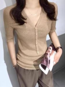 Khaki Ice Silk Knitted Top Women Summer Unique Super Beautiful Single Piece Slim Fit Short Sleeve T-Shirt Korean Style Commute