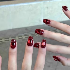 Handmade Nail Art Wearable Short Nails Red Gemstone Wedding New Year 2024 Elegant Bride Nails Gentle Color Chinese Made