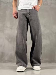 Mens Grey Elastic Waist Loose Wide Leg Jeans Non-Stretch Four Seasons Wearable Comfortable Fit Long Trousers