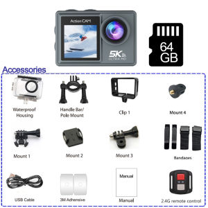 Camera Hành Động 5K Chống Nước 30M Màn Hình Cảm Ứng IPS Kép Zoom 5X 170 ° Camera Thể Thao Mini WiFi Góc Rộng Có Điều Khiển Từ Xa