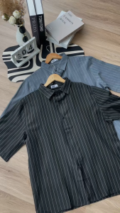 ZEKE A0046 Mens Thin Strips Shirt Short Sleeved Collared Neck Tops Menswear Casual Polo Shirt Lelaki Lengan Pendek baju jalan berjalur Kemeja mens polo t shirt