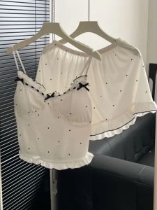 Pure Desire Style Modal Cotton Sleepwear Set Women Summer Strap Short Pants Sweet Girl Polka Dot Home Clothes with Chest Pad