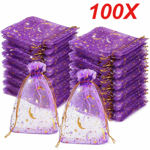 100PCS Purple Moon Stars Drawstring Organza Bags Jewelry Gift Bags Pouches Gold Star Organza Favor Pouches for Christmas Wedding